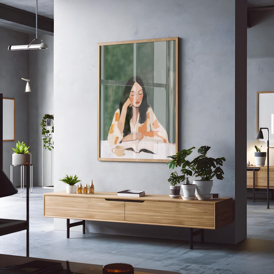 Woman Reading at Table With Coffee Cup Green Minimalist Art Poster - Image 3