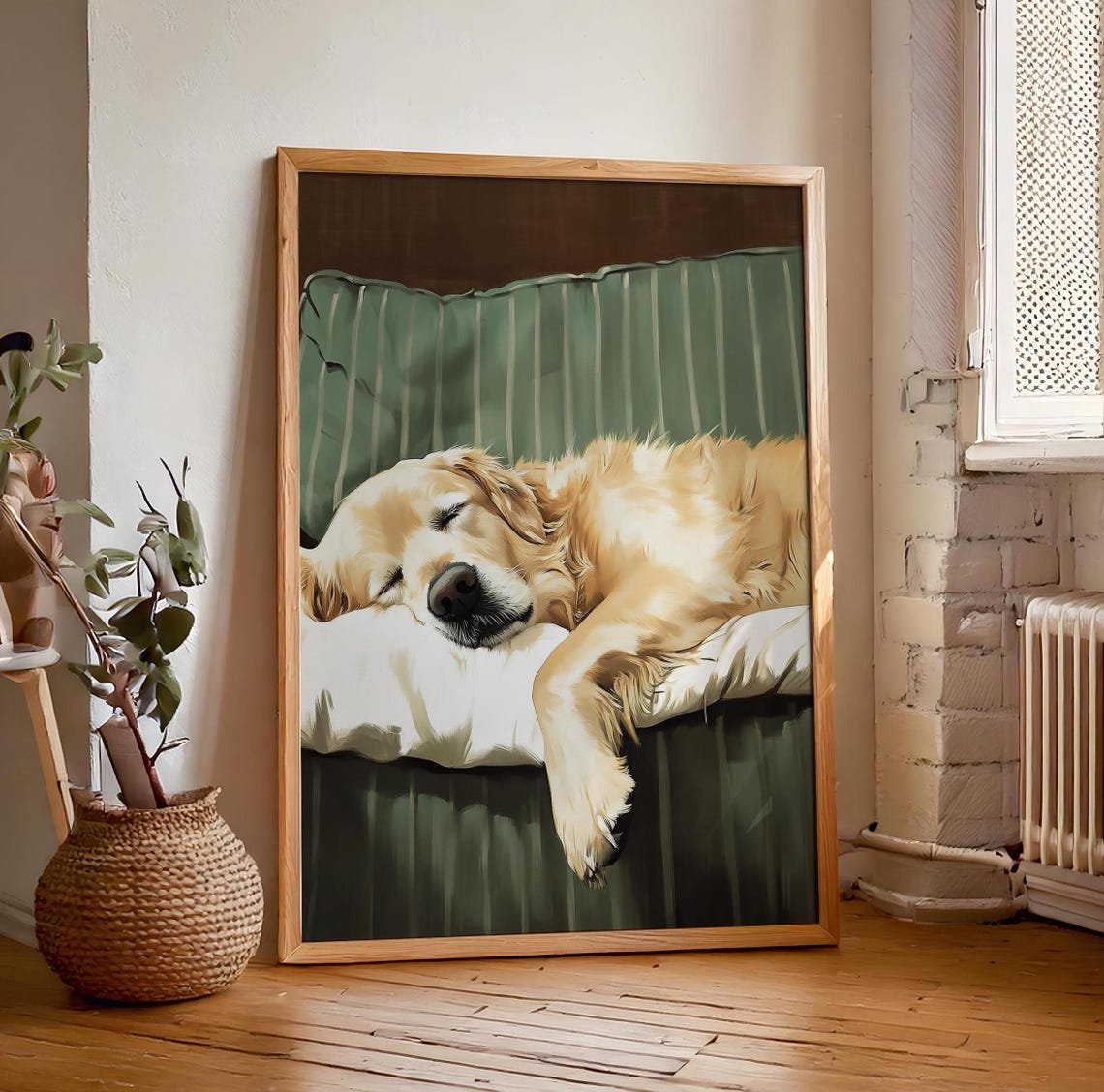 Golden Retriever Asleep on Green Striped Couch Paw Hanging Dog Poster