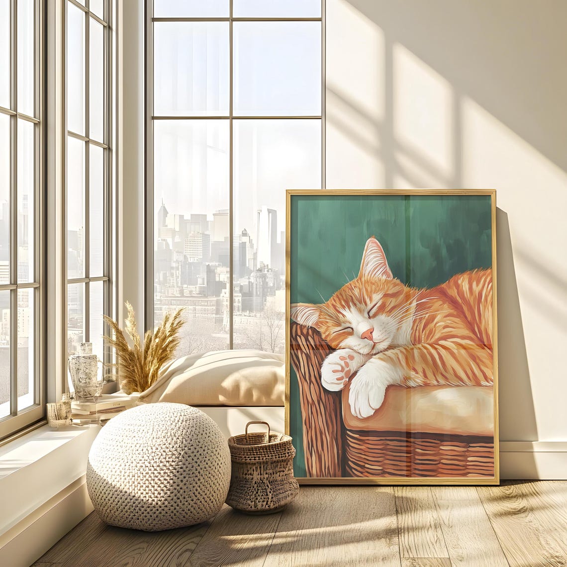Sleeping Orange Tabby Cat on Wicker Basket Cozy Green Poster - Image 2