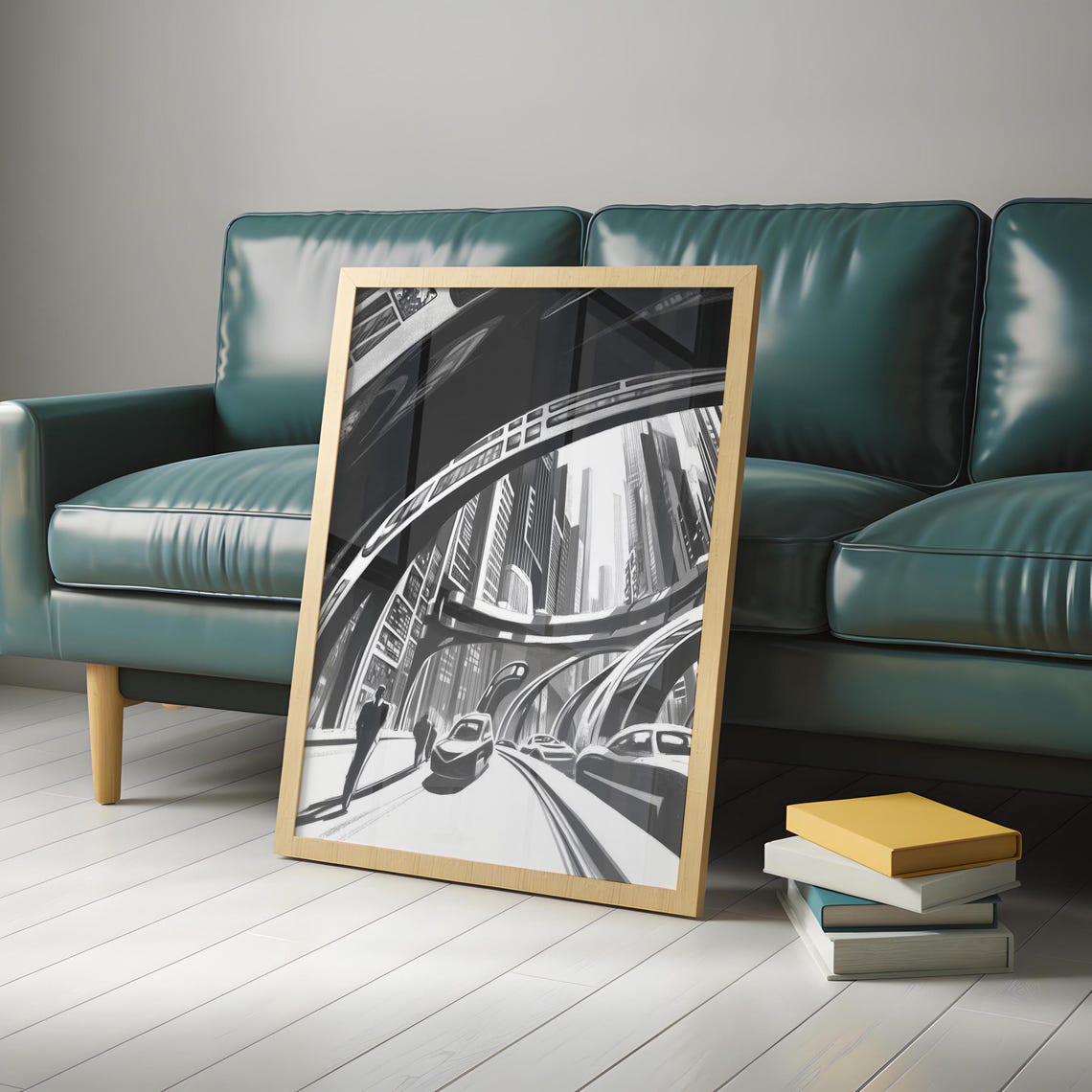 Retro Futurist City with Elevated Highways Drawing Artwork Poster - Image 5