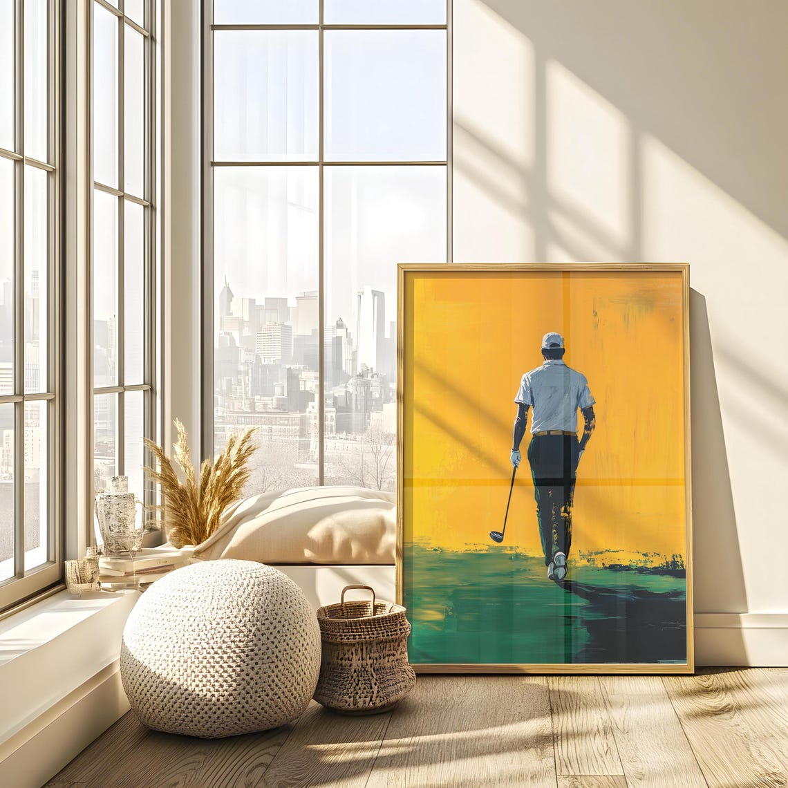 Golfer Walking Away Across Fairway Under Golden Yellow Sky Poster - Image 3