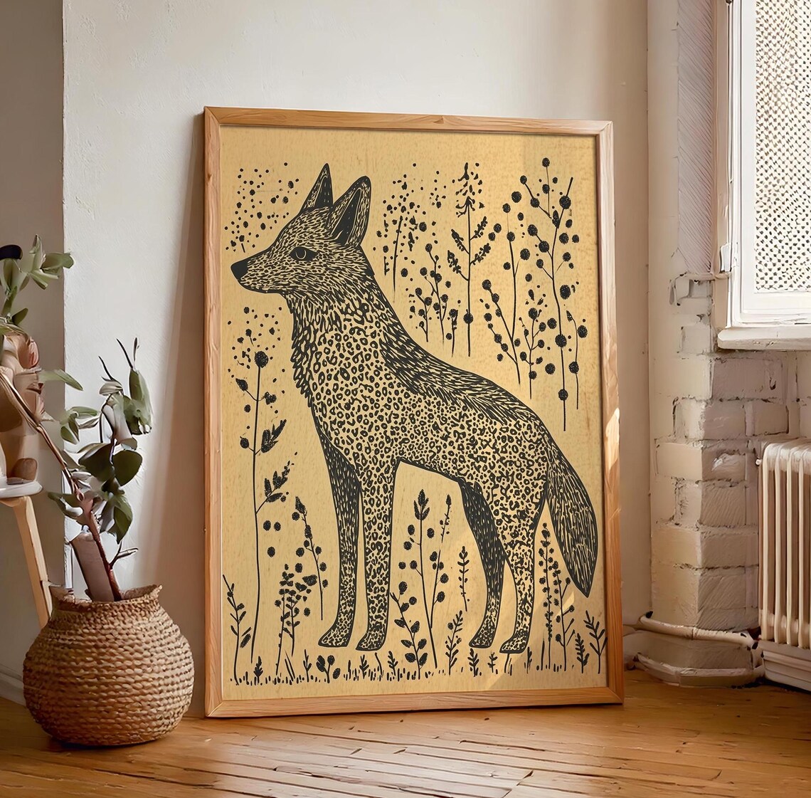 Standing Fox Linocut Style Folk Art Spotted Coat Wild Botanical Line Art Poster