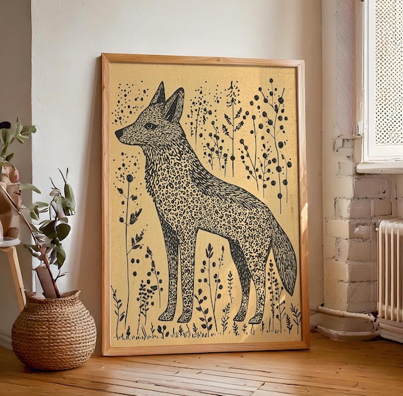 Standing Fox Linocut Style Folk Art Spotted Coat Wild Botanical Line Art Poster