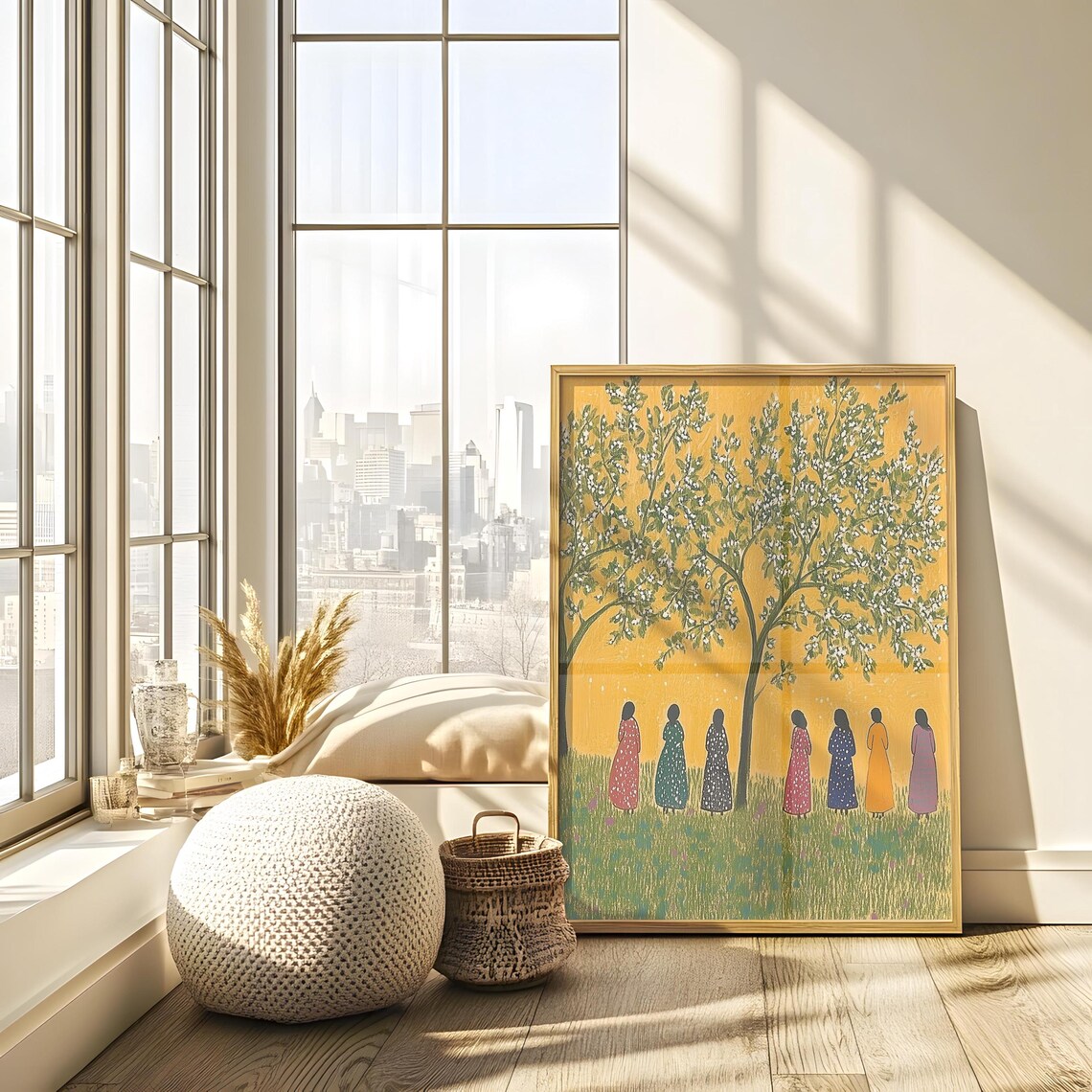 Seven Women Under Blossoming Tree Golden Yellow Folk Gathering Painting Art Poster - Image 2