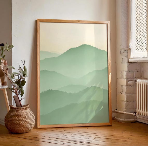 Green Mountain Wall Hanging Sage Green Lime Cream Art Minimalist Peaceful Foggy Calming Vista Scenery