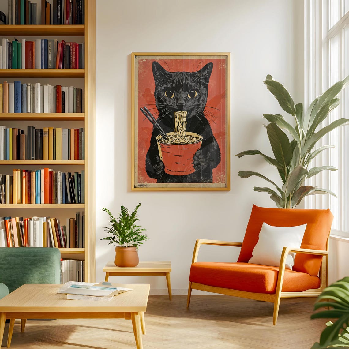 Black Cat Eating Ramen Vintage Style Funny Feline Food Poster - Image 3
