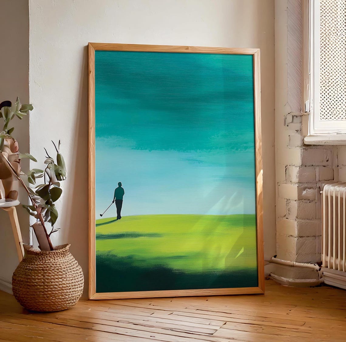 Lone Golfer Silhouette on Green Fairway Under Teal Sky at Dusk Poster - Image 7