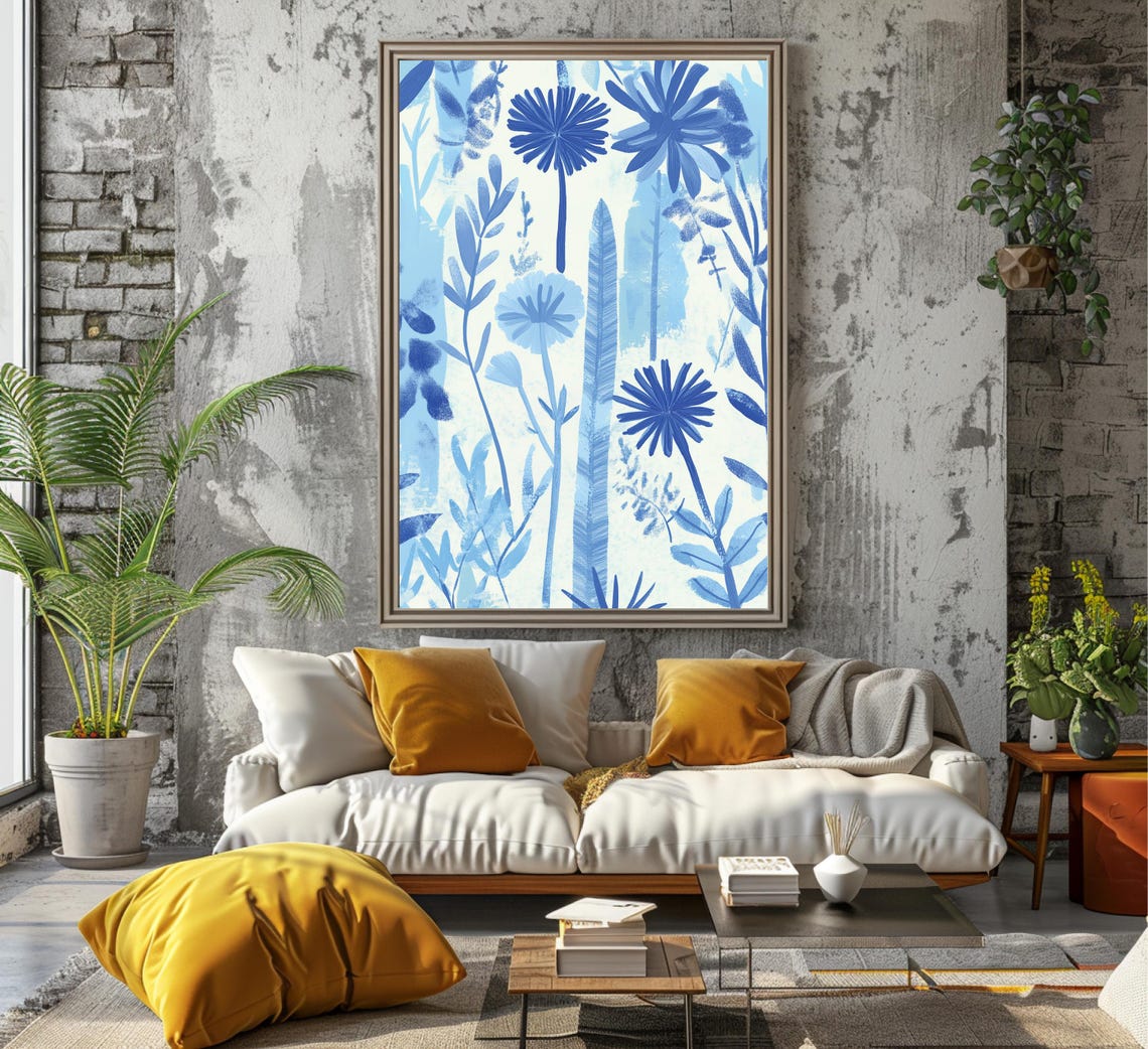 Tall Cobalt Daisy Stems Feathery Leaves Blue White Botanical Poster - Image 5