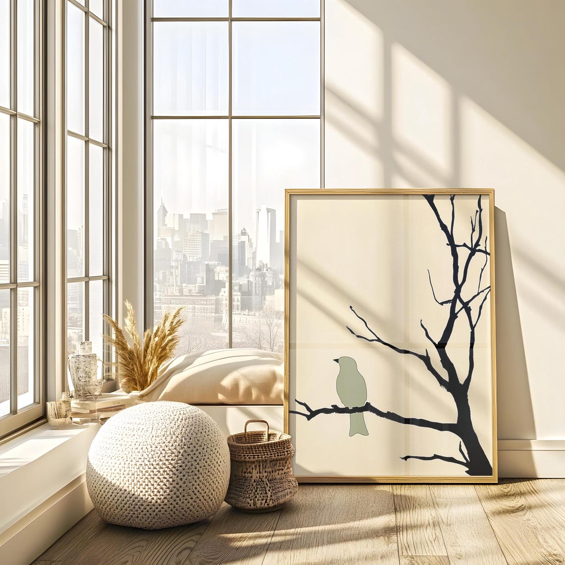 Sage Green Bird Perched On Black Branch Cream Japandi Style Poster - Image 2