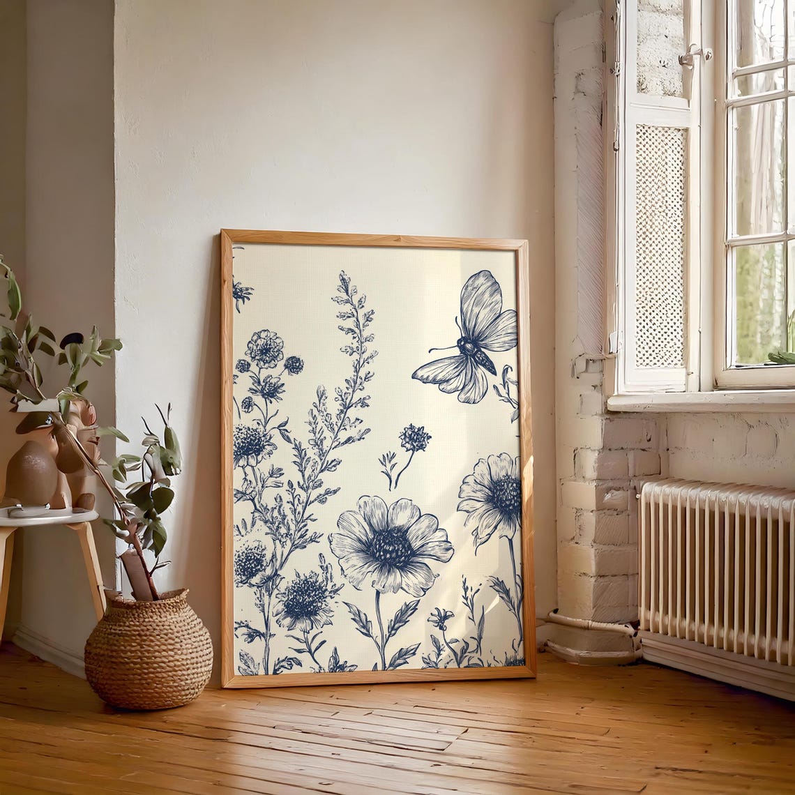 Blue Ink Poppy Bloom with Large Butterfly Botanical Sketch Poster - Image 2
