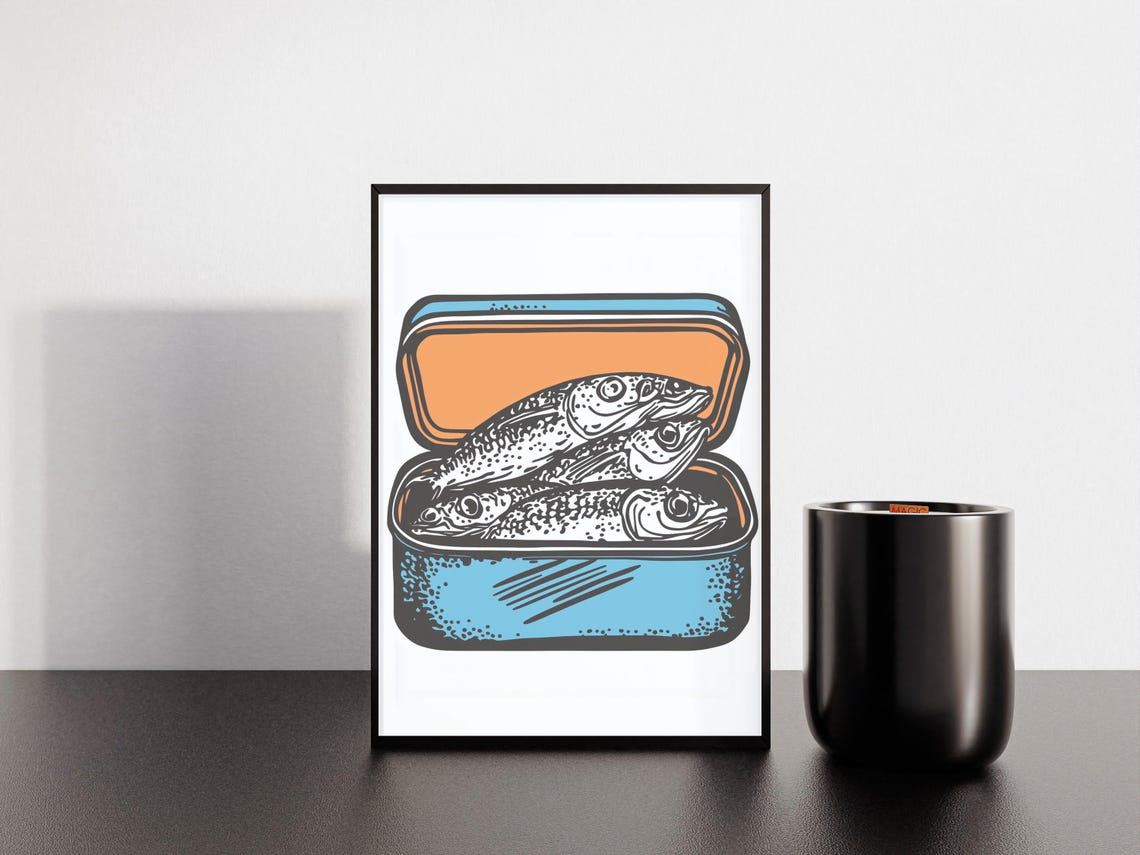 Open Blue Sardine Tin With Retro Fish Illustration Art Poster - Image 4