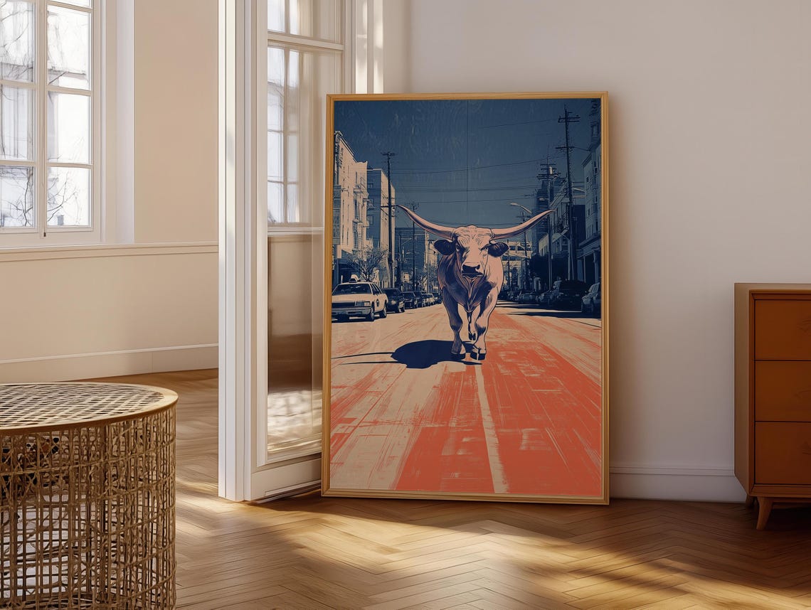 Texas Longhorn Cow Walking Down A Busy City Street Art Poster - Image 6