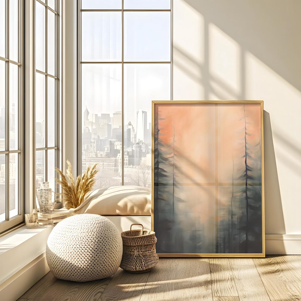 Misty Pine Forest Silhouettes in a Glowing Orange Sunset Haze Poster - Image 3