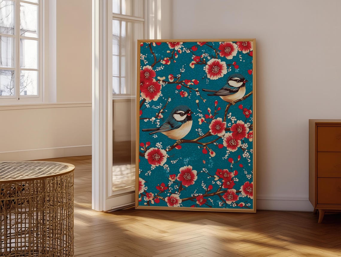 Two Songbirds On Red Blossom Branches Teal Chinoiserie Poster - Image 6