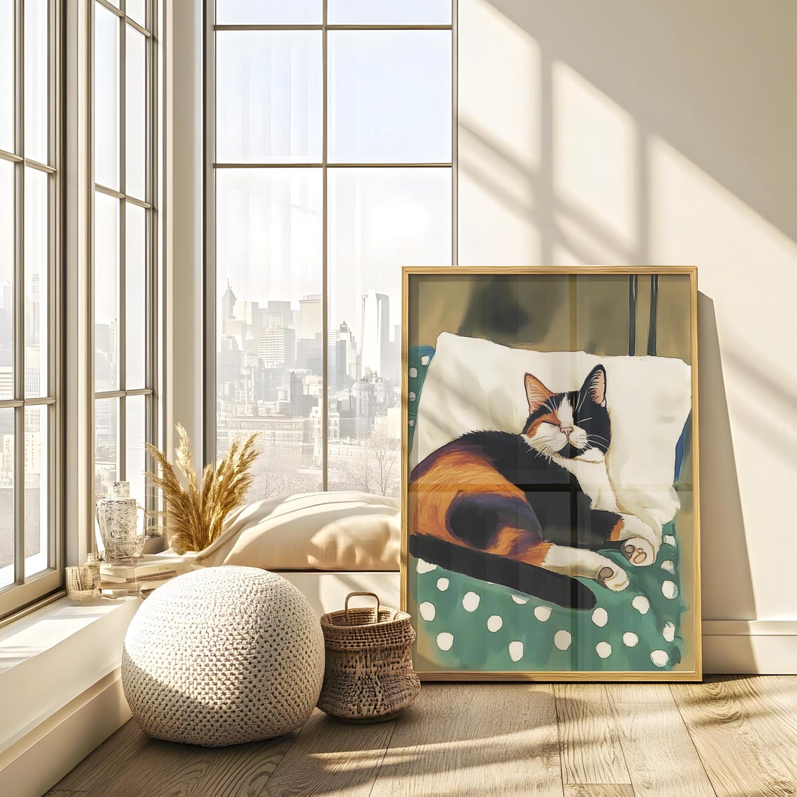 Calico Cat Napping on Polka Dot Quilt White Pillow Cozy Poster - Image 3