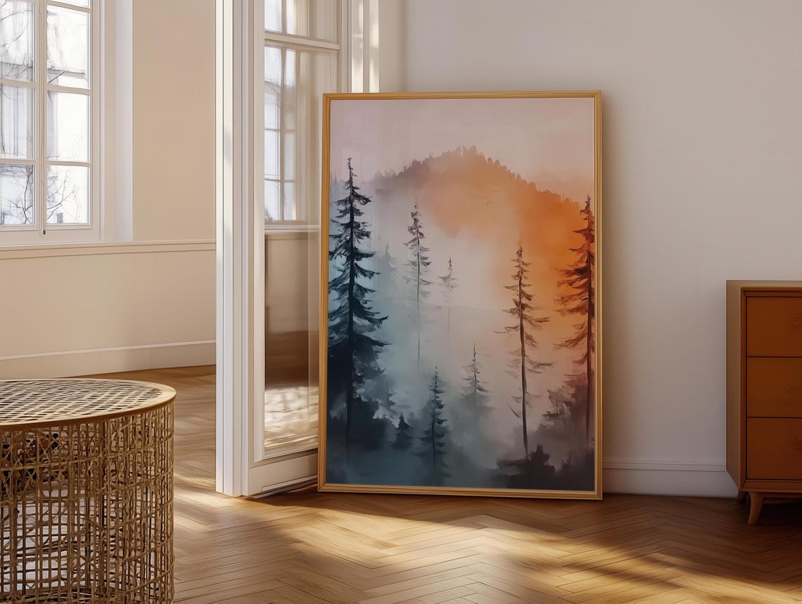 Foggy Mountain Pines Beneath an Orange Sunset Glow Painting Poster - Image 6