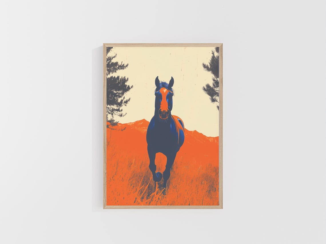 Bronco Horse Charging Through Orange Fields Blue Duotone Art Poster - Image 4