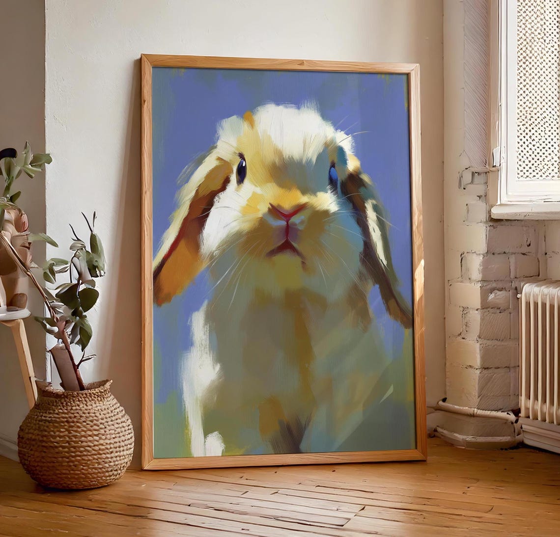 Lop Eared Bunny Close-Up Portrait on Blue Painterly Animal Poster - Image 7