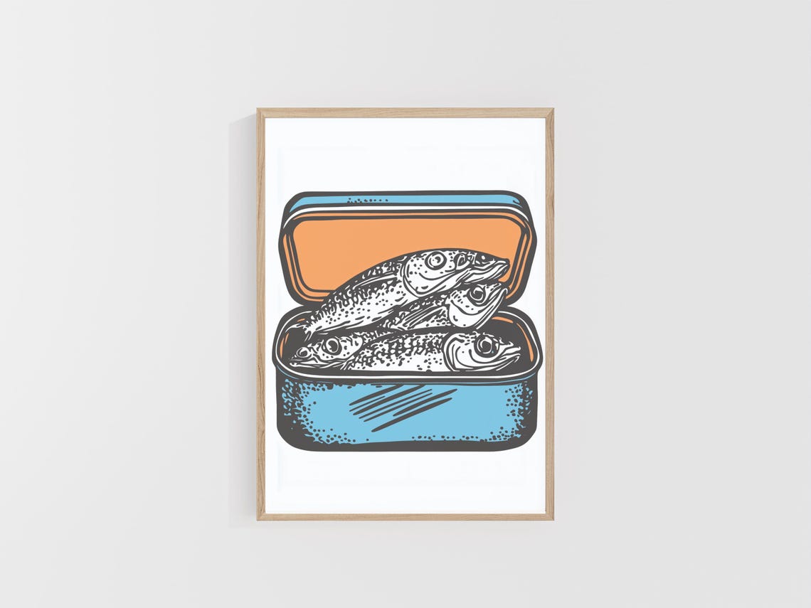 Open Blue Sardine Tin With Retro Fish Illustration Art Poster - Image 5