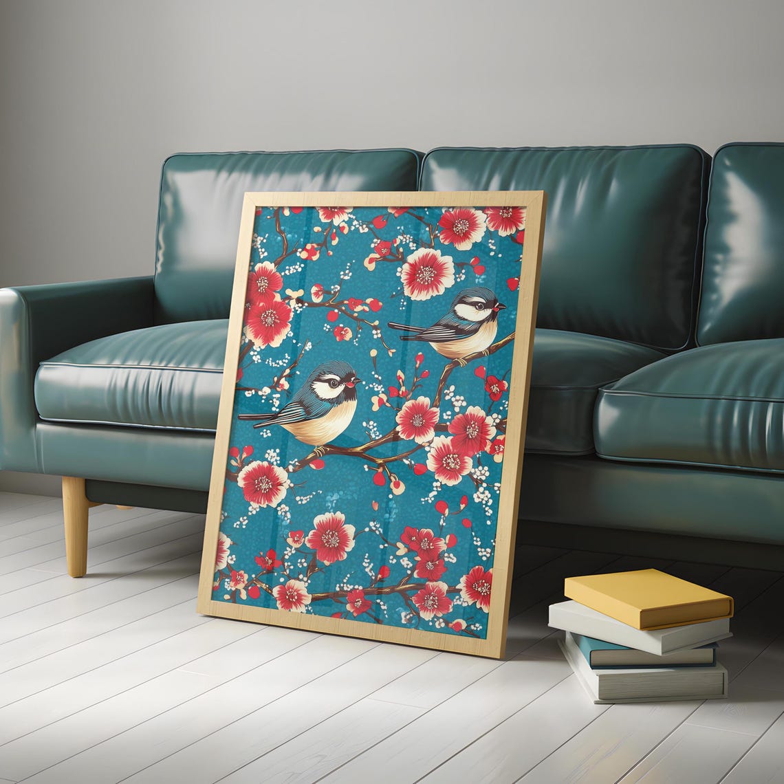 Two Songbirds On Red Blossom Branches Teal Chinoiserie Poster - Image 5