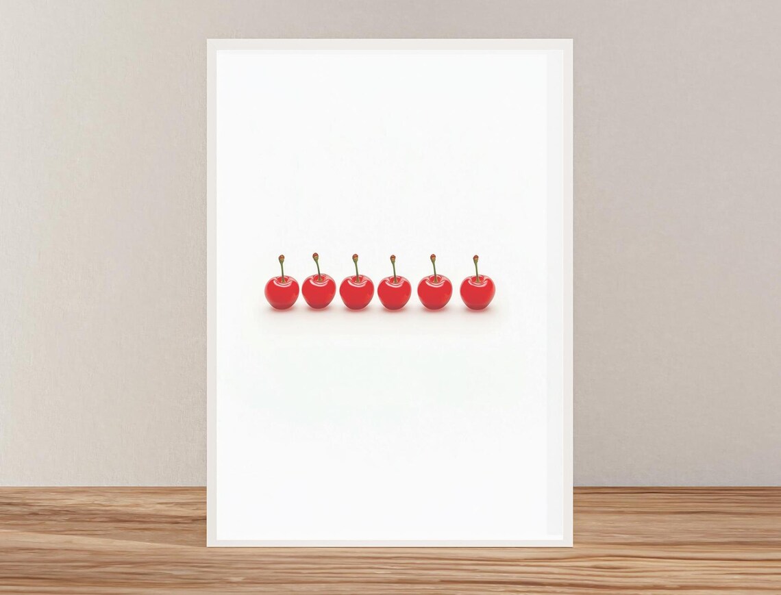 Cherry Print Row Of Red Cherries On White Artwork Bright Red Artwork For The Kitchen Colorful Art