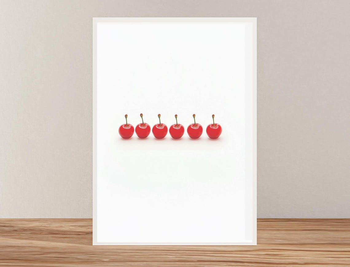 Six Minimalist Red Cherries In A Row Modern Kitchen Art Poster
