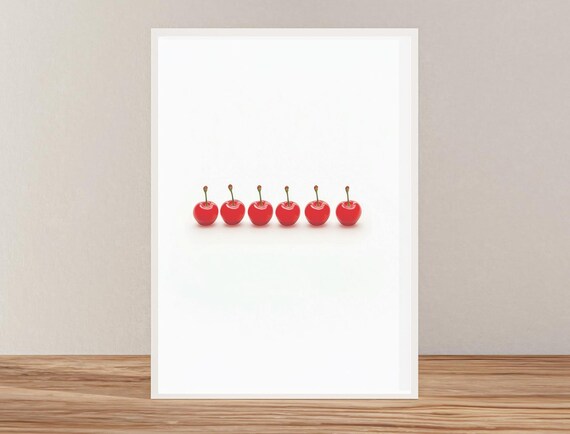 Cherry Print Row Of Red Cherries On White Artwork Bright Red Artwork For The Kitchen Colorful Art