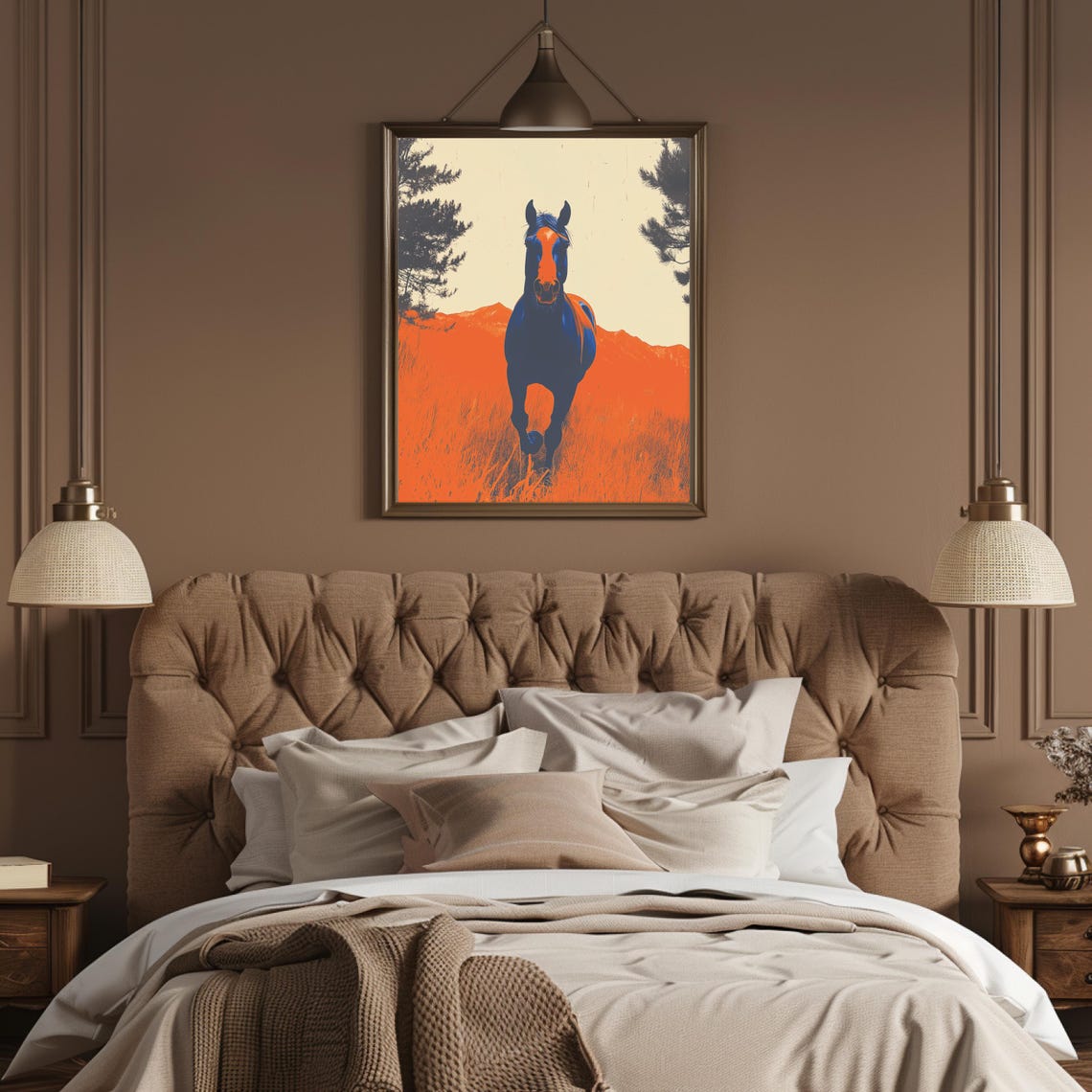Bronco Horse Charging Through Orange Fields Blue Duotone Art Poster - Image 3