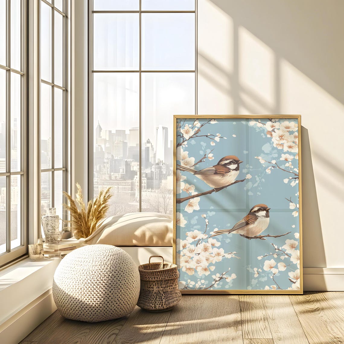 Two Brown Songbirds Perched White Blossoms Light Blue Poster - Image 4