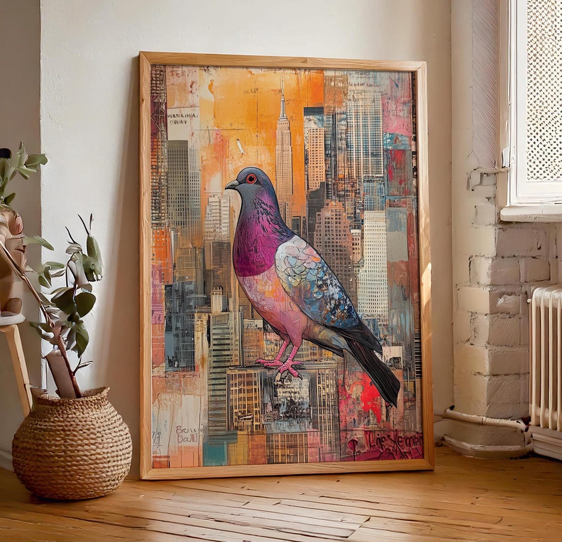 Painted Pigeon Over An Orange New York Skyline Sunset Art Poster