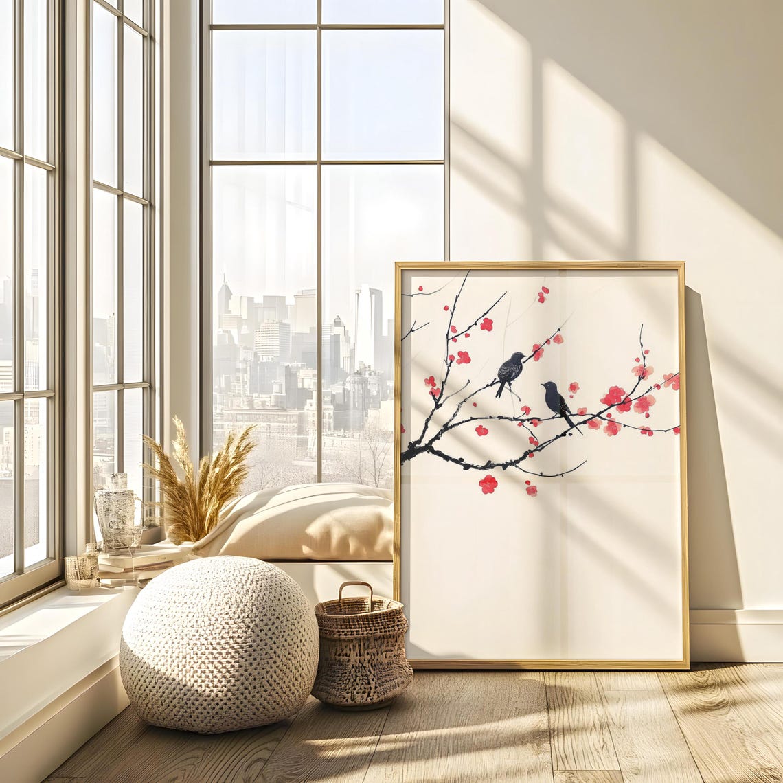 Pair Of Black Birds Ink Art On Sparse Red Blossom Branches Poster - Image 4