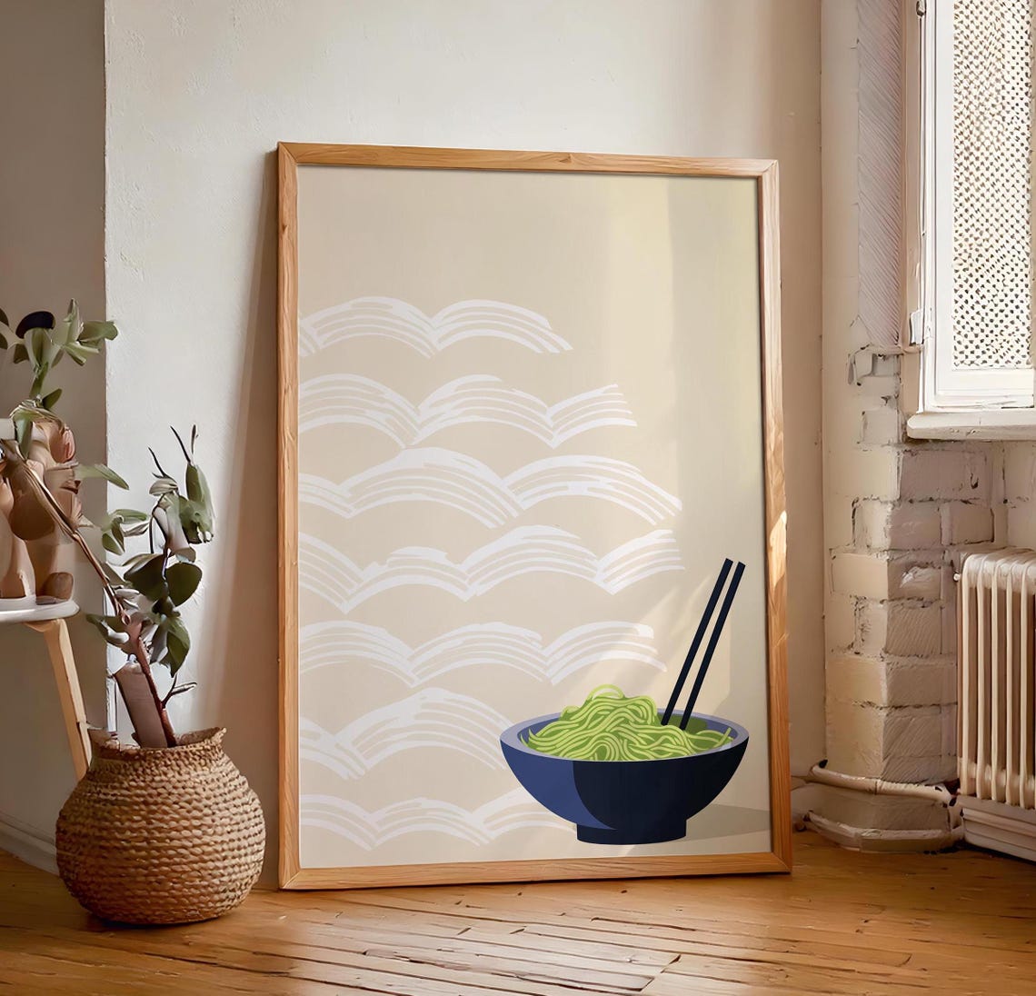 Green Noodle Bowl with Chopsticks on Seigaiha Wave Japandi Poster