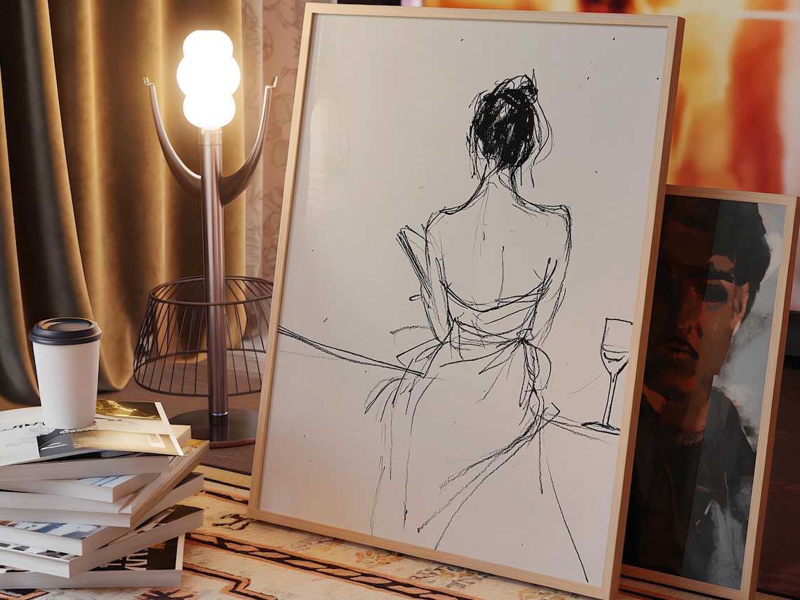 Standing Woman Line Sketch With Wine Glass Beige Minimalist Poster - Image 2