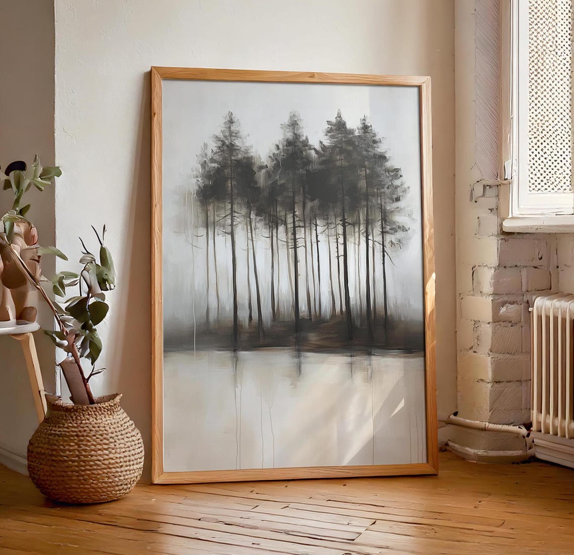Minimalist Ink Pine Stand Reflected in Still Water Painting Poster - Image 7