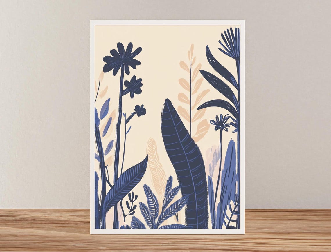 Navy and Peach Botanical Silhouettes Cream Chinoiserie Floral Poster