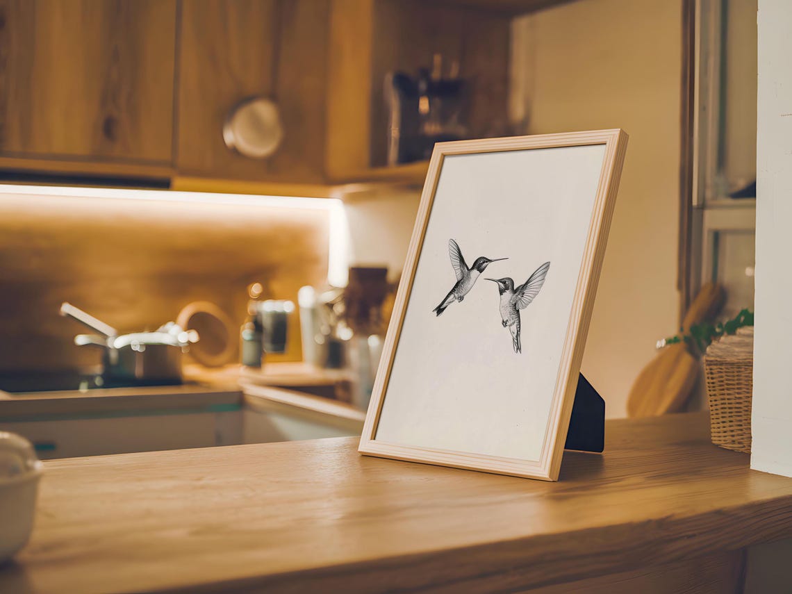 Pair of Hummingbirds in Flight Monochrome Line Drawing Art Poster - Image 6