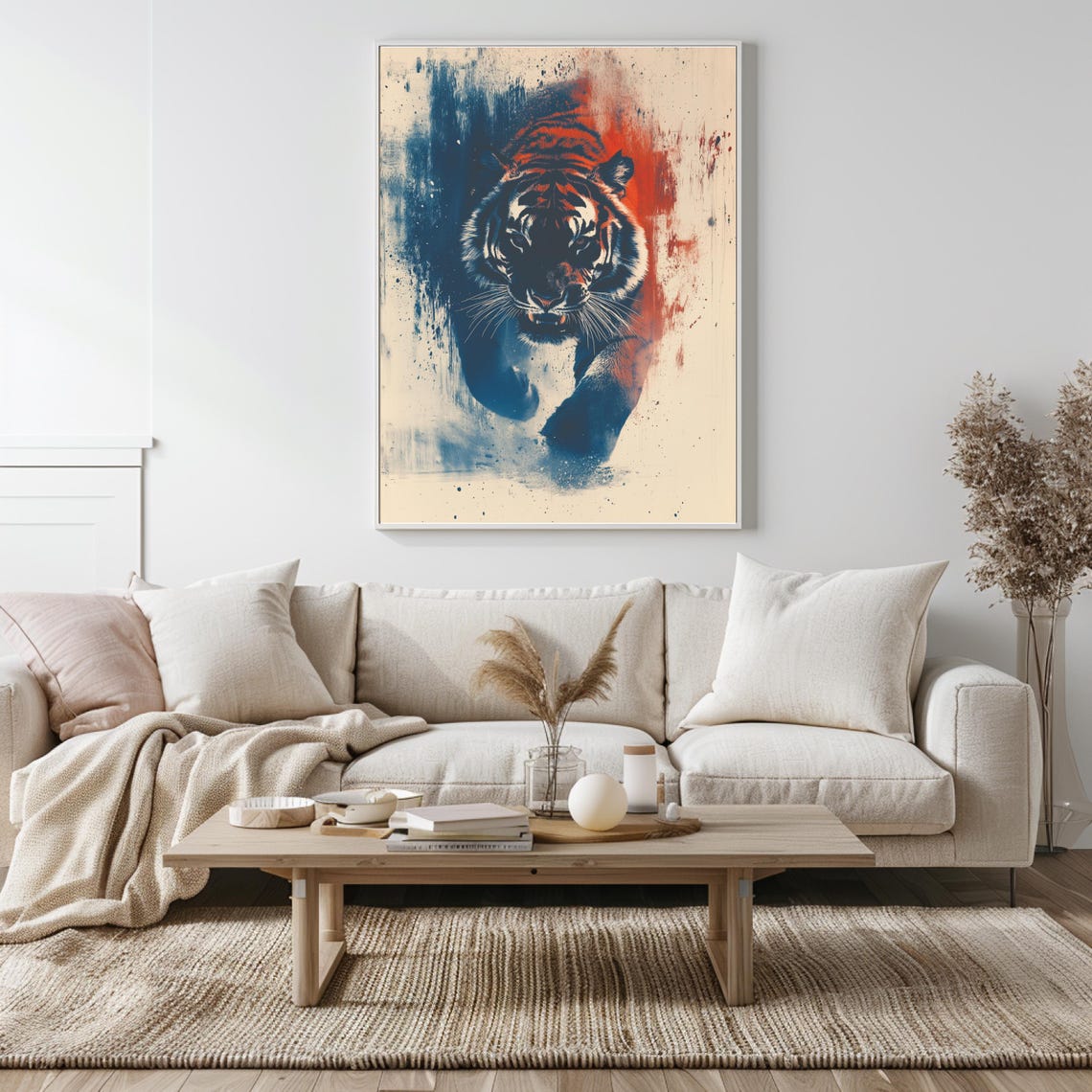 Watercolor Tiger Face In Blue And Orange Paint Splatter Art Poster - Image 5