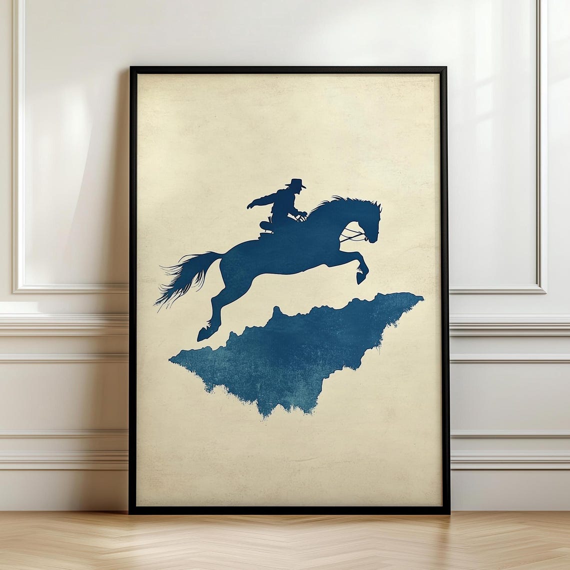Navy Blue Cowboy on Leaping Horse Minimalist Silhouette Poster