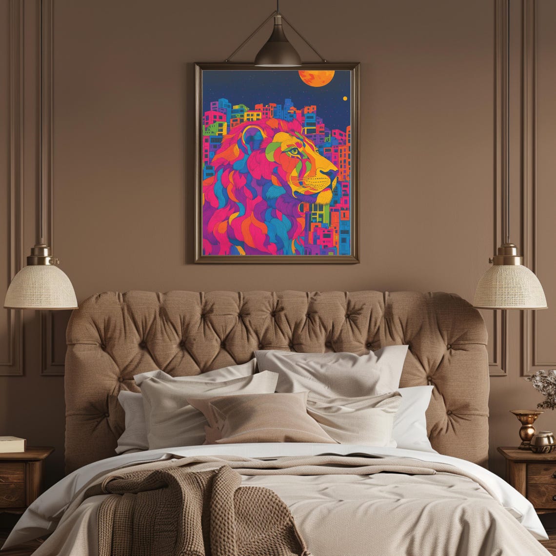Rainbow Lion Profile Over A Neon Night City Skyline Art Poster - Image 3