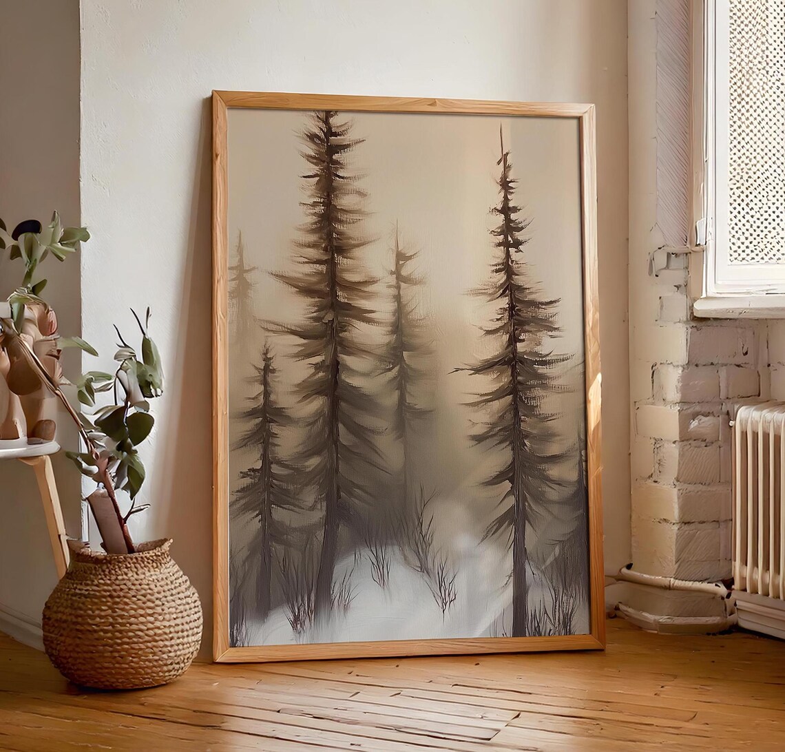 Winter Pine Tree Wall Art Vintage Forest Snow Painting Rustic Masculine Wall Hanging Artwork - Image 7