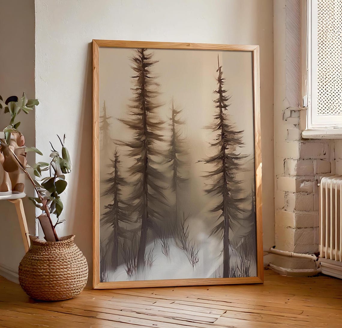 Winter Pine Trees Standing Tall in Soft Snowfall Painting Poster - Image 7