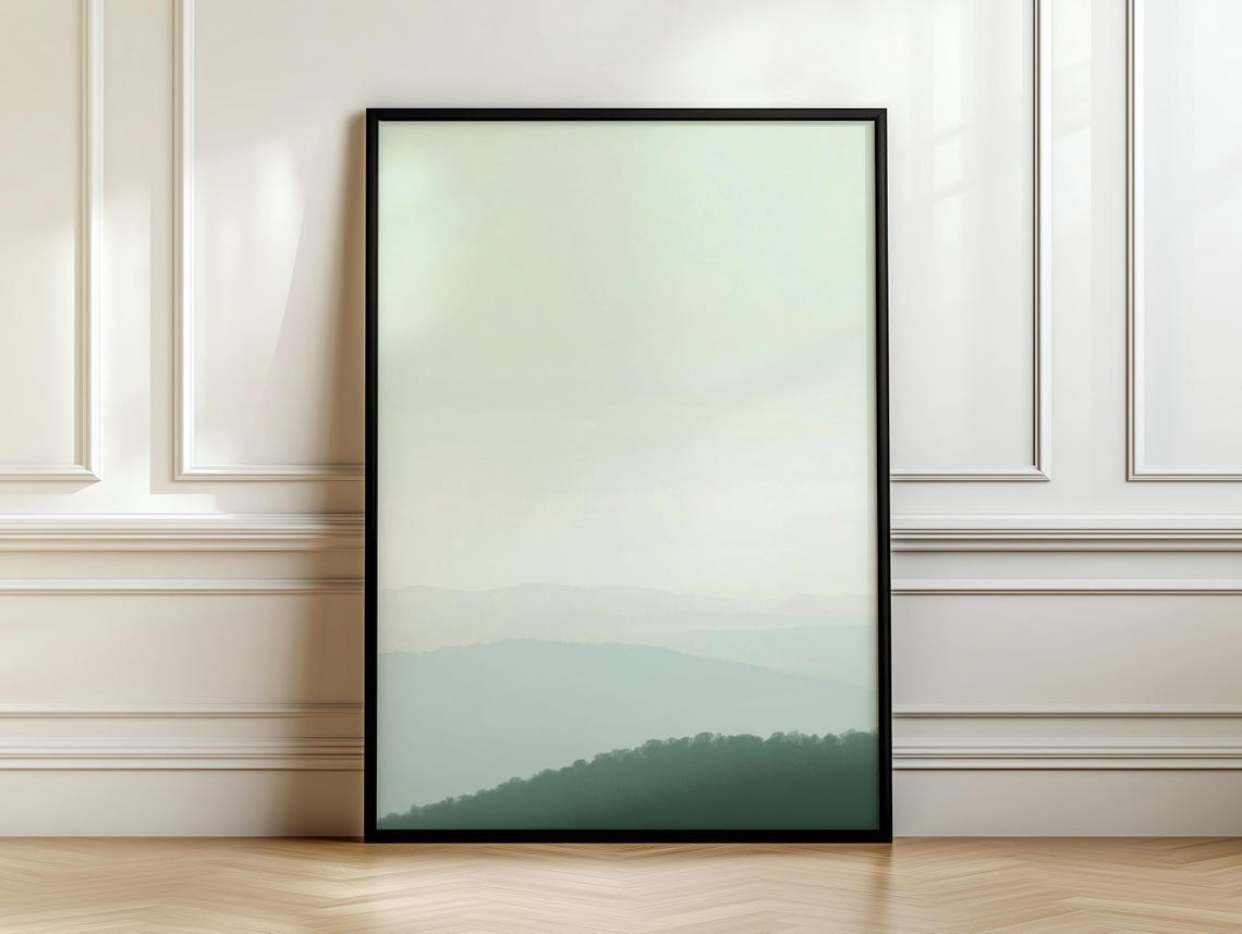 Green Mountain Valleys Wall Hanging Sage Green Lime Cream Art Minimalist Peaceful Foggy Scenery - Image 7