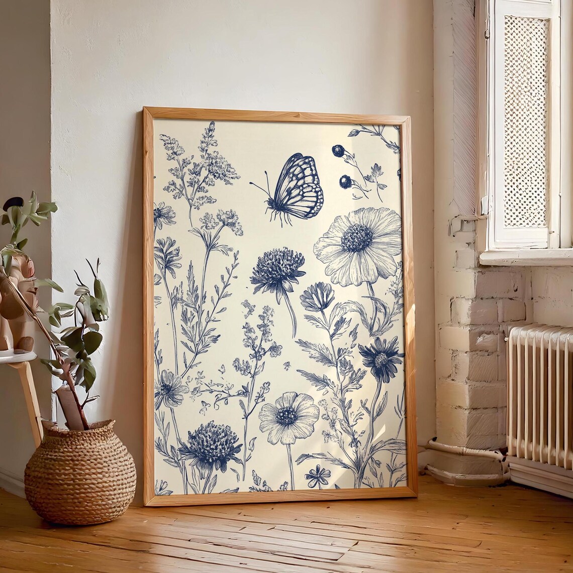 Blue Ink Botanical Sketch with Butterfly Vintage Floral Art Poster