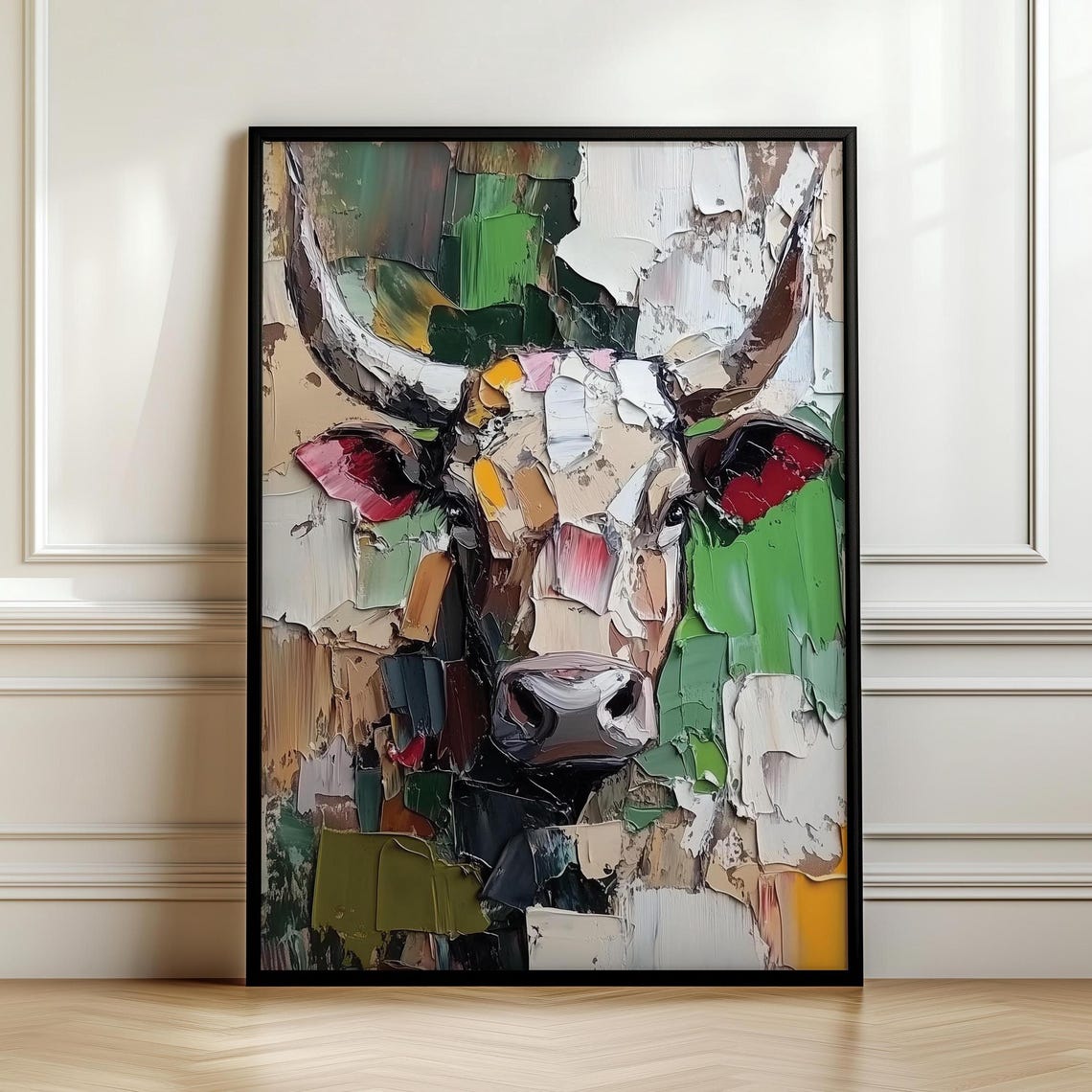 Abstract Impasto Cow Portrait with Green Accents Painting Poster - Image 7