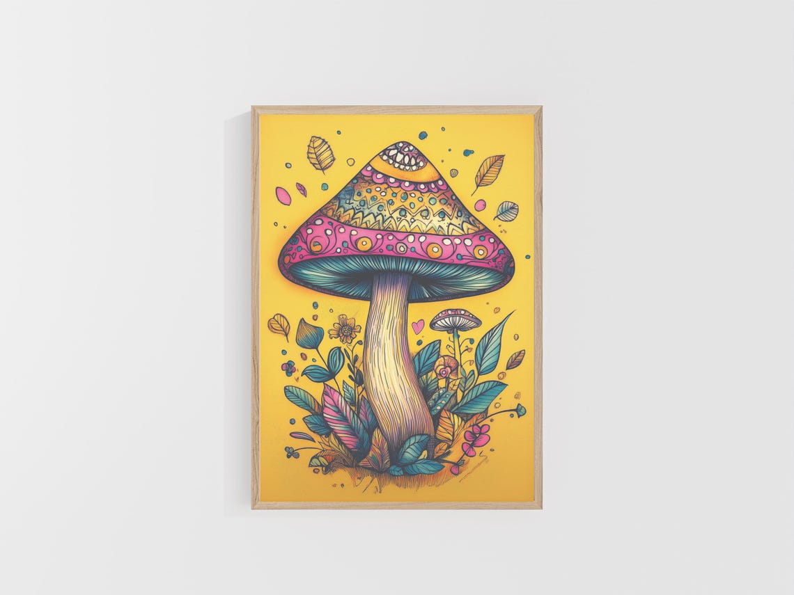 Tall Patterned Pink Mushroom With Folk Art Details Art Poster - Image 4