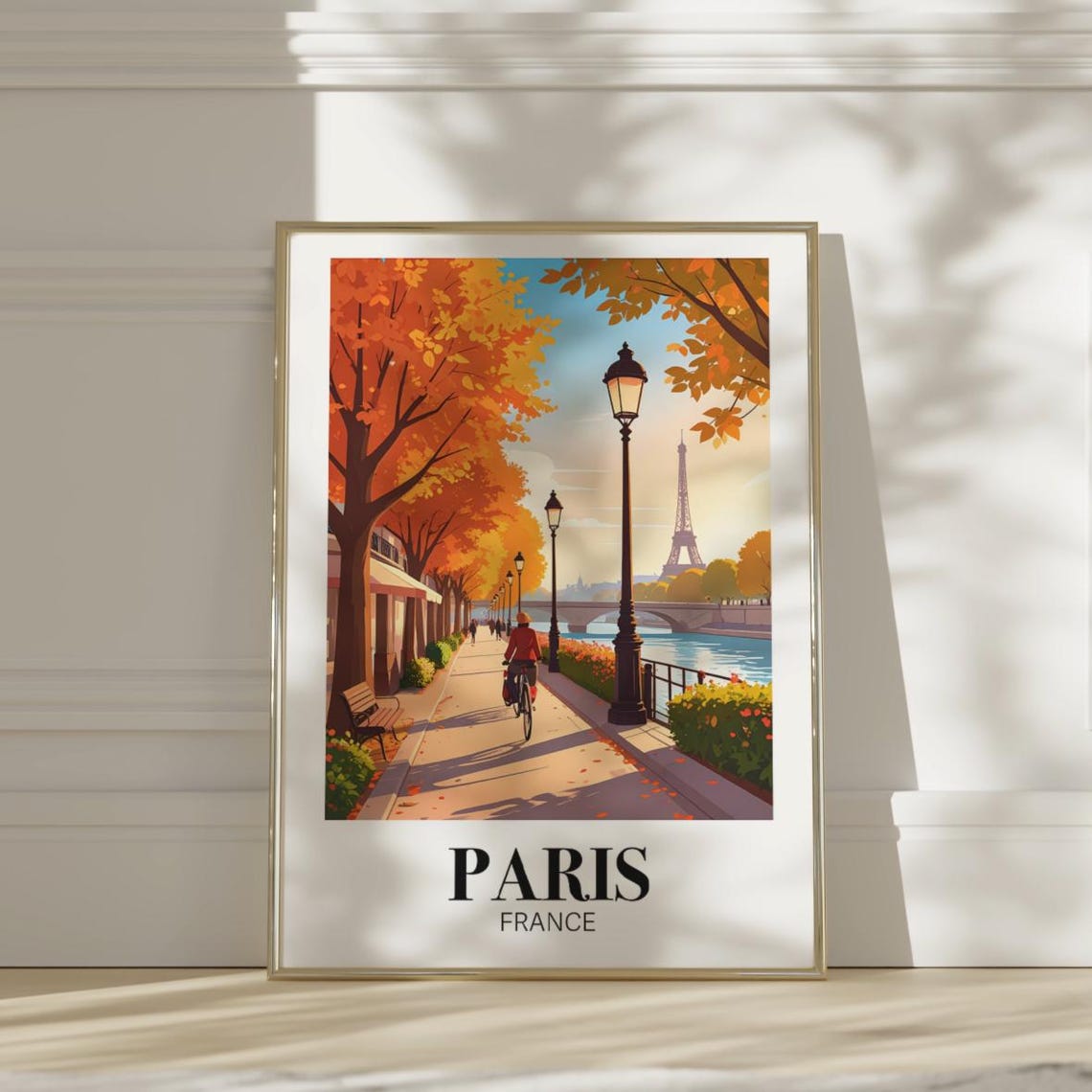 Paris France Autumn Eiffel Tower Seine Riverside Bike Travel Poster