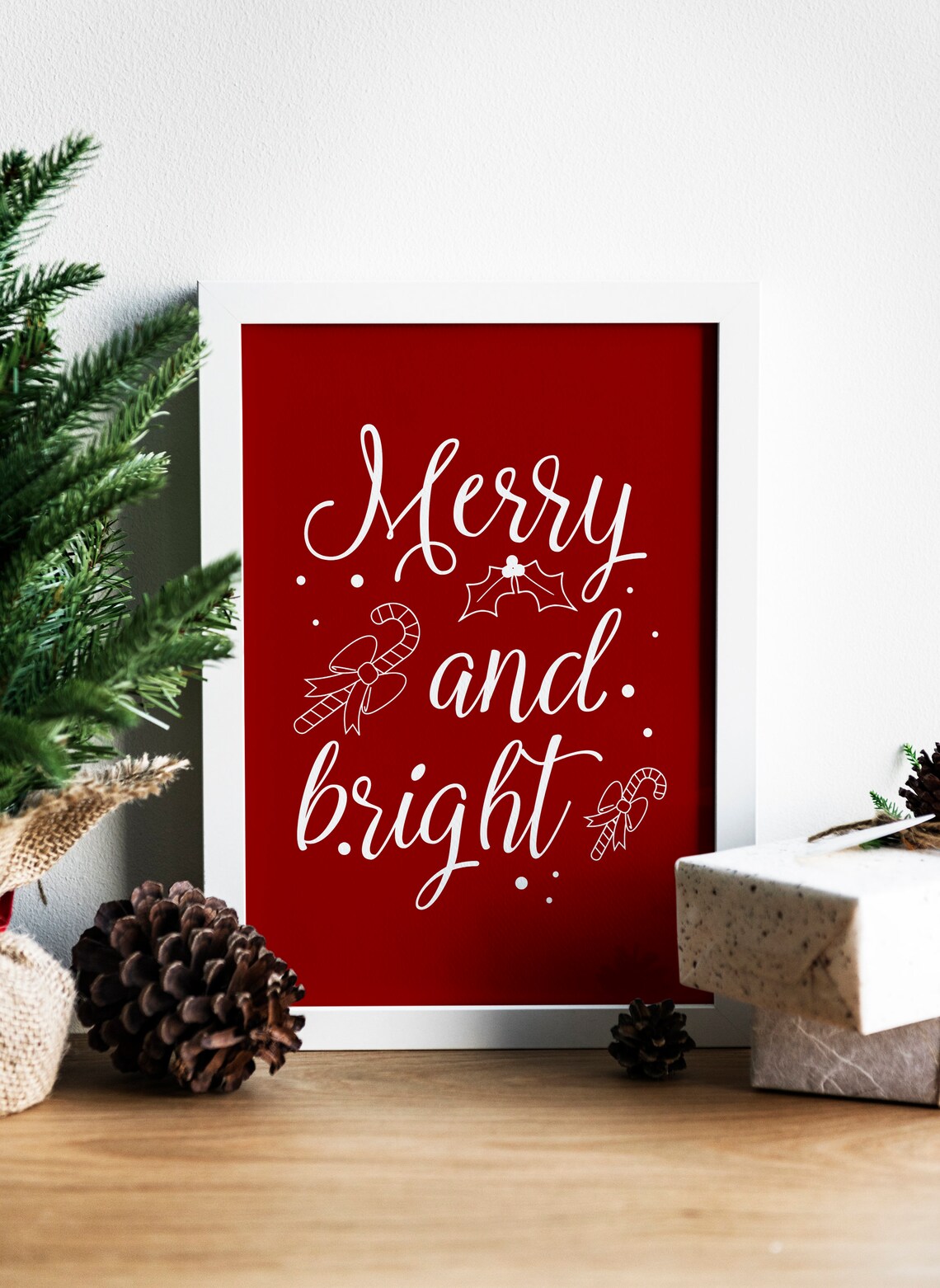 Merry And Bright White Calligraphy Red Background Christmas Wall Print - Image 2