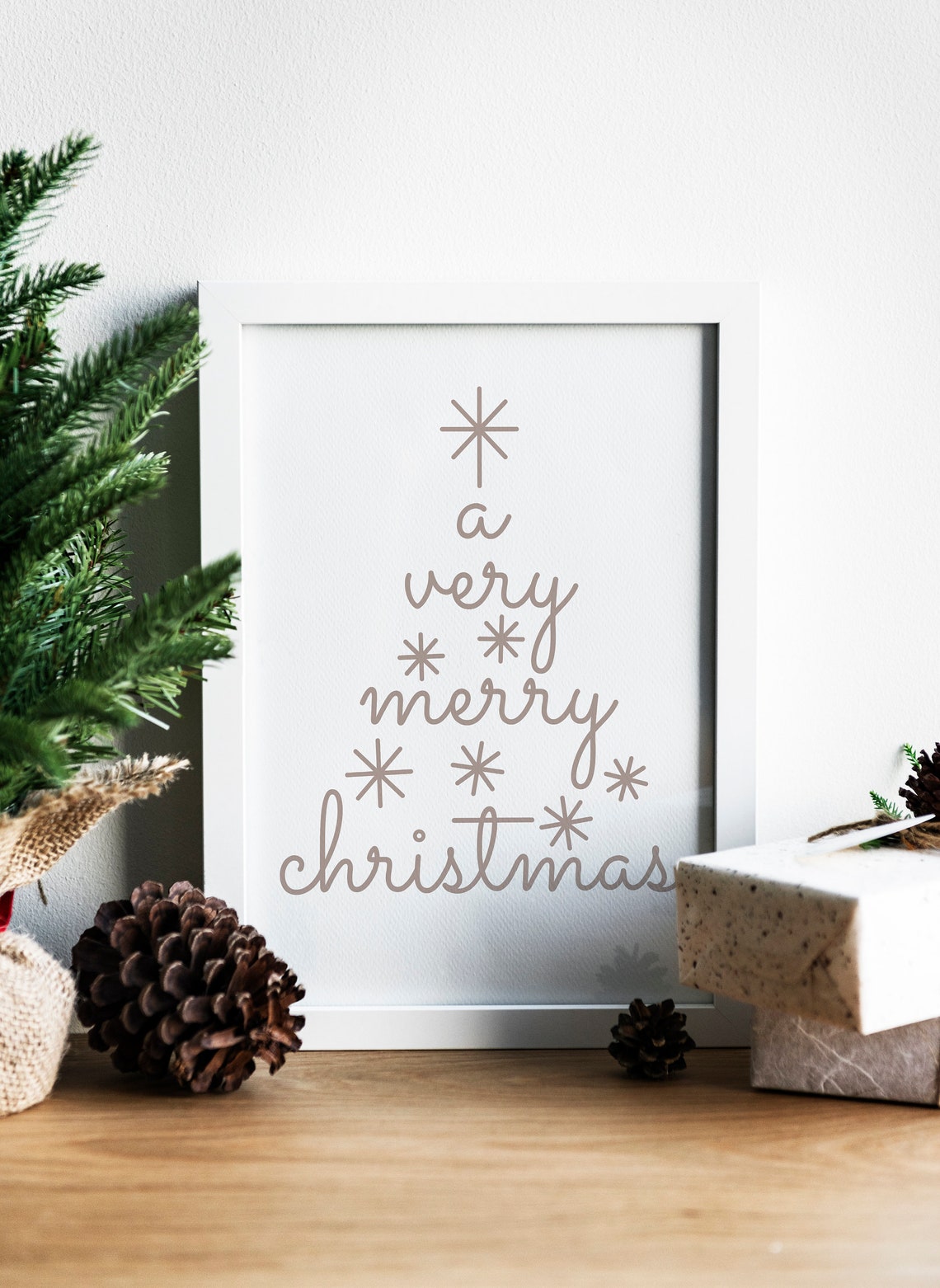 A Very Merry Christmas Taupe Script Tree Shape Minimalist Wall Print - Image 2
