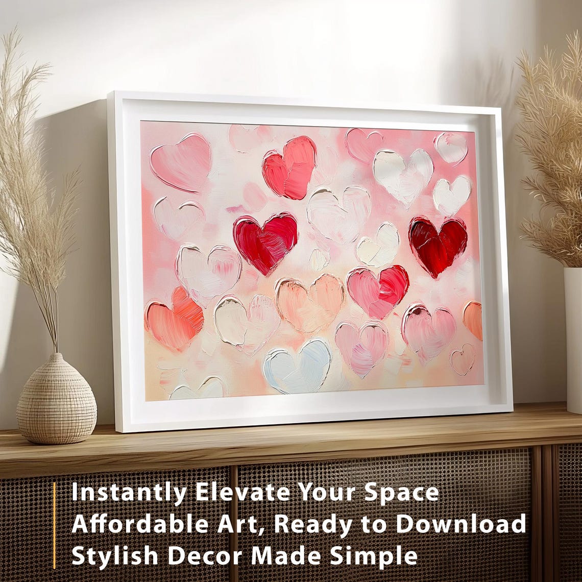 Red Pink Impasto Hearts Textured Romantic Valentine Wall Art Poster - Image 3