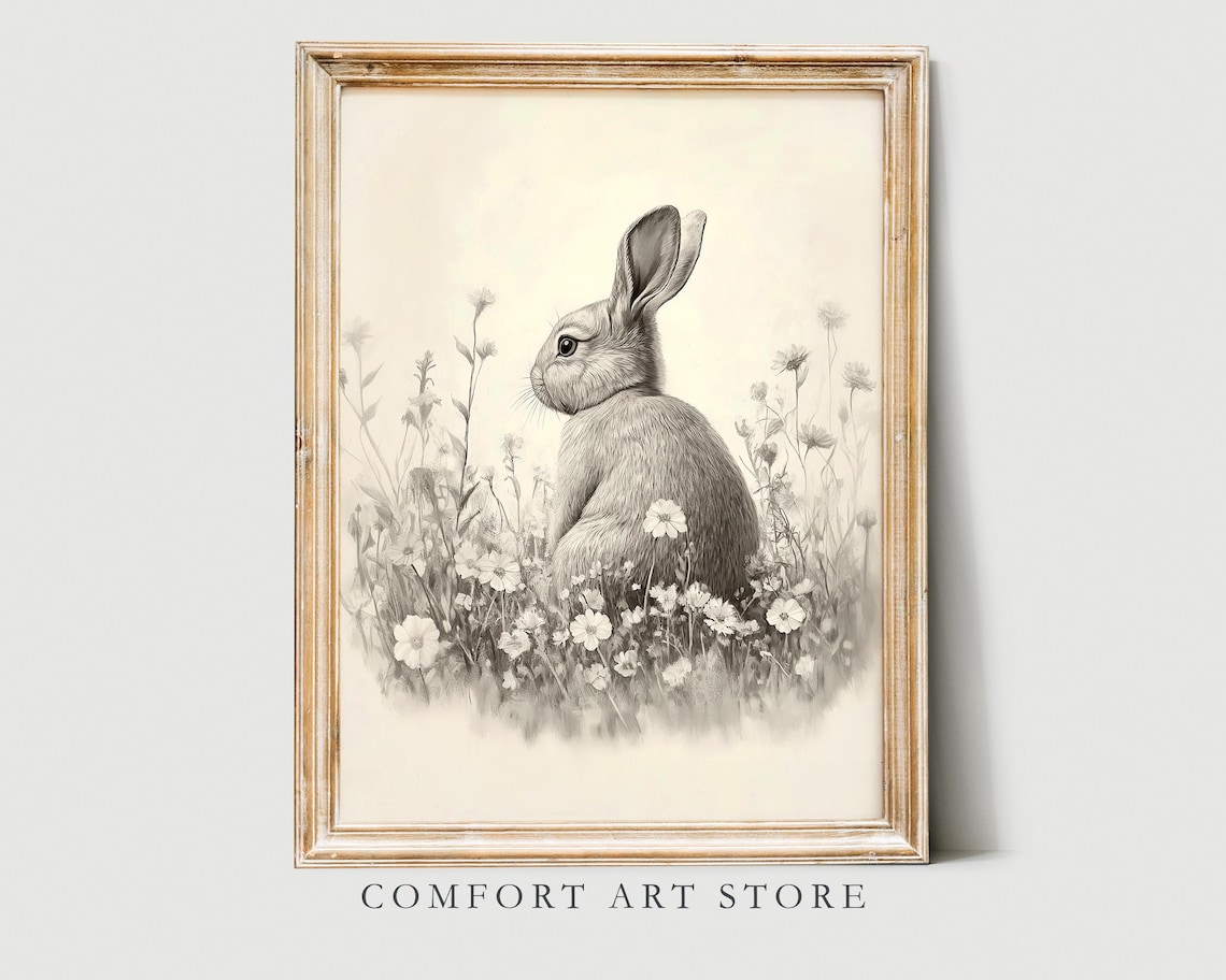 Easter Bunny Sketch, Vintage Antique Spring Nursery Art